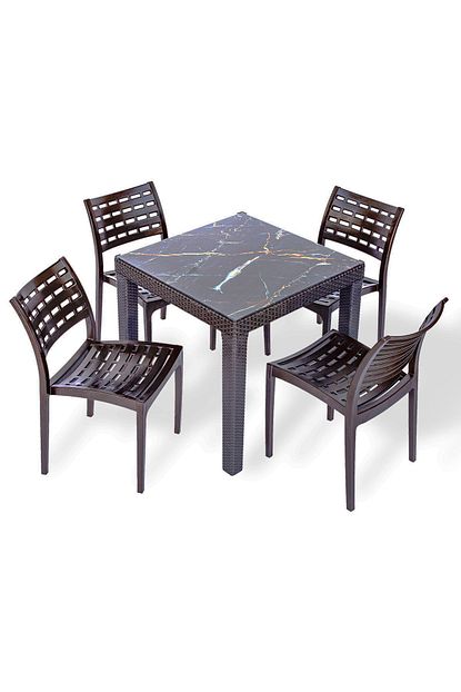 Estelia Rattan 80x80 Mermer Masa 4 Lisa Sandalye Kahve Trendyol