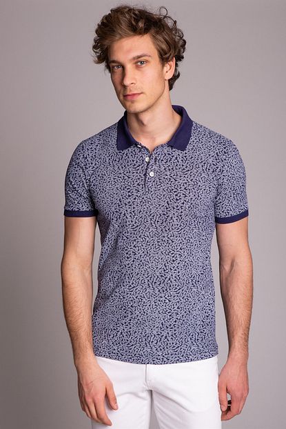 Dufy Lacivert Polo Yaka Beyaz Baskili Erkek T Shirt Slim Fit Trendyol
