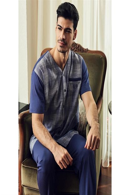 Eros 10096 Mavi Kisa Kol Poplin Erkek Pijama Takimi Trendyol