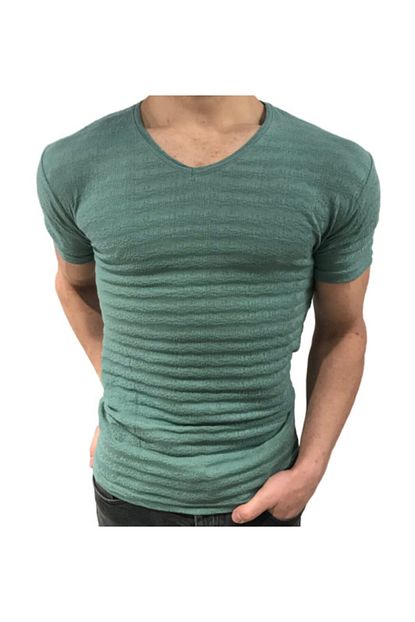 Bybulent Erkek V Yaka Tisort Likrali Slim Fit Kabartma Desenli T Shirt Petrol Yesili Vr090 Trendyol