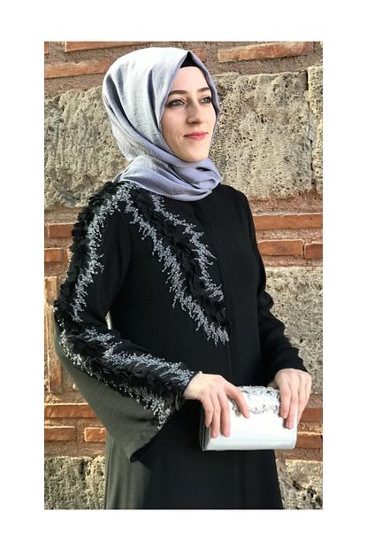 Nisa Ferace Gri Dantelli Boncuklu Ferace Trendyol