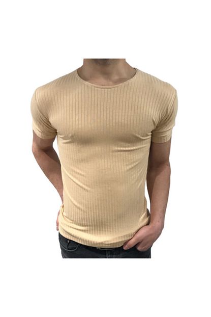 Bybulent Erkek Sifir Yaka Tisort Bisiklet Yaka Likrali Slim Fit T Shirt Bej Vr044 Trendyol