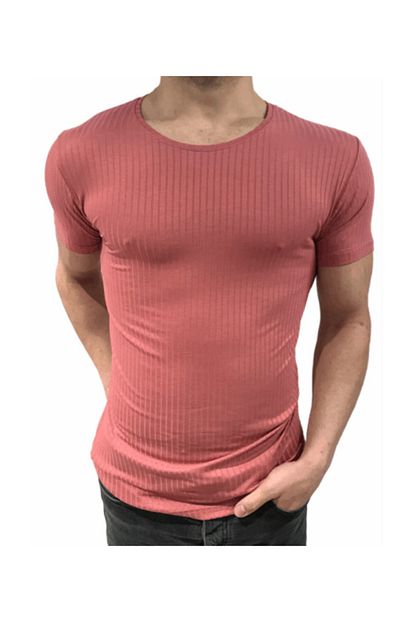Bybulent Erkek Sifir Yaka Tisort Bisiklet Yaka Likrali Slim Fit T Shirt Koyu Pembe Vr047 Trendyol