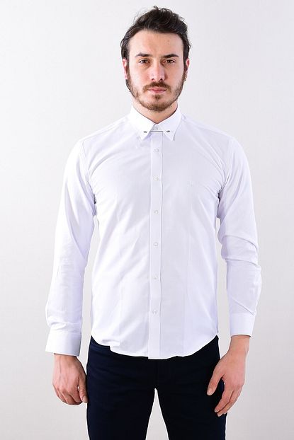 Modaplaza Erkek Slim Fit Kesim Yaka Igneli Beyaz Saten Gomlek 1111 Trendyol