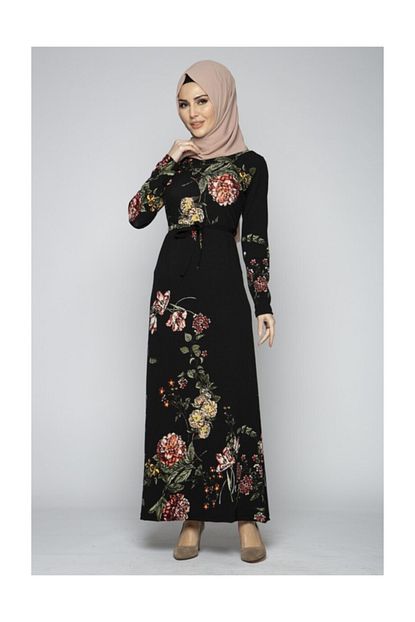 https www trendyol com burcu tesettur kusak detayli desenli tesettur elbise haki siyah p 39612351