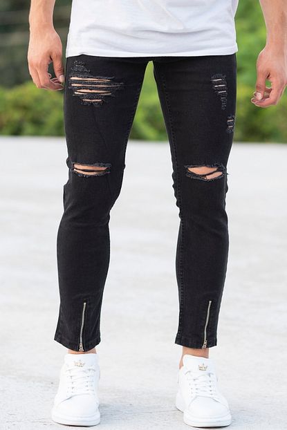 Modayi Tikla Erkek Dizi Yirtikli Fermuar Paca Likrali Siyah Jeans Trendyol
