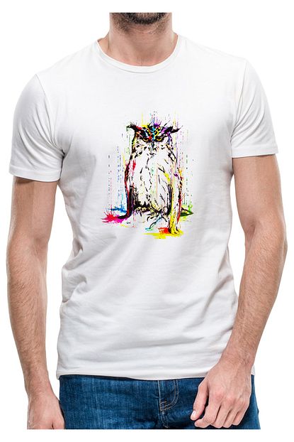 Collage Baykus Rengarenk Kus Hayvan Baskili Beyaz Erkek Orme Tshirt Bga1193erkts Trendyol
