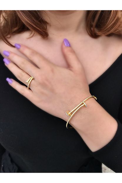 Iz Gumus Gold Zirkon Tasli Cartier Civi Model Gumus Bileklik Ve Yuzuk Trendyol