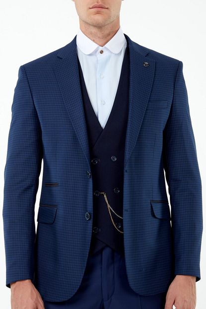 Jack Martin Erkek Mavi Kucuk Ekoseli Suet Garnili Tek Ceket Blazer Trendyol