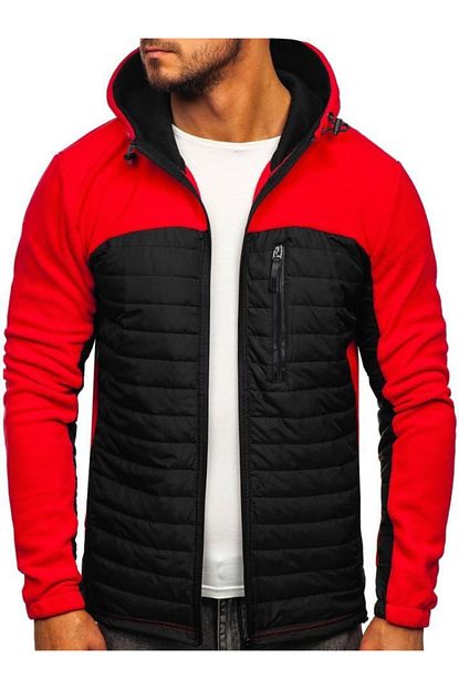 Efeel Polar Ceket Kapusonlu Siyah Kapitone Su Itici Spor Mont Kirmizi Spor Desenli Trendyol