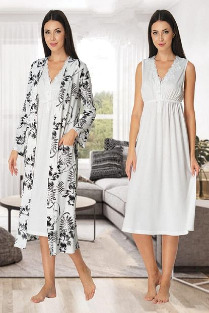 Effort Pijama Kadin Siyah Beyaz Hamile Lohusa Gecelik Sabahlik Set 8035 Trendyol