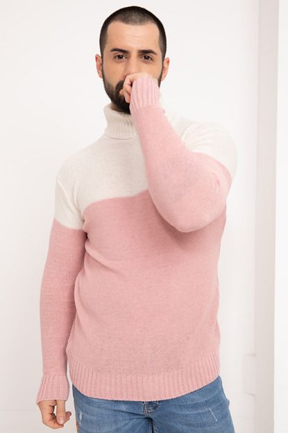 Blueumman Erkek Pembe Cift Renk Bogazli Triko Bluz Trendyol