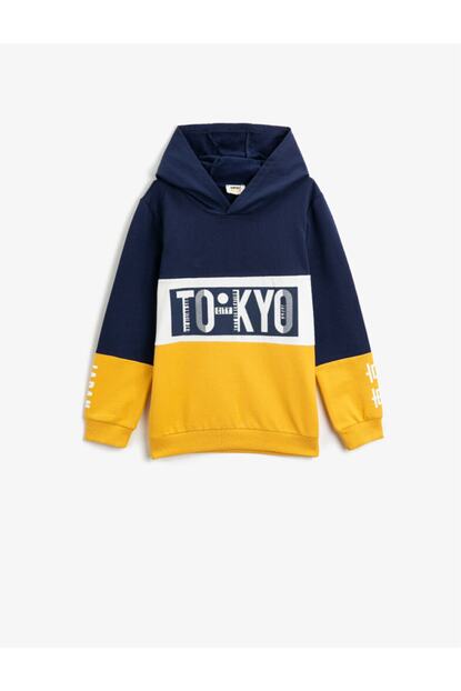 Koton Erkek Lacivert Pamuk Yazili Baskili Kapusonlu Renk Bloklu Sweatshirt Trendyol