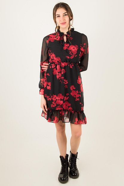 Morpile Kadin Gullu Siyah Gul Desenli Sifon Elbise 1065 Trendyol