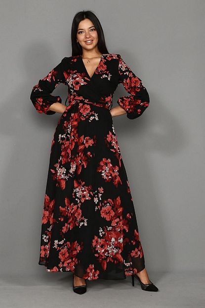 Azra Butik Kadin Siyah Nar Cicegi Uzun Sifon Kruvaze Yaka Elbise Fiyati Yorumlari Trendyol