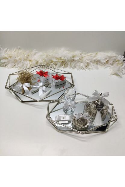 Organizasyon Sahika Nisan Soz Tepsisi Takimi Prizma Gumus Tepsi Beyaz Susleme Trendyol
