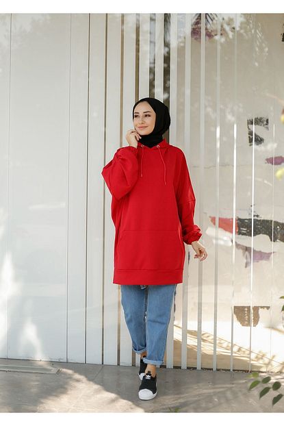 Elbica Kadin Kirmizi Kapusonlu Kanguru Cep Tesettur Sweatshirt Trendyol