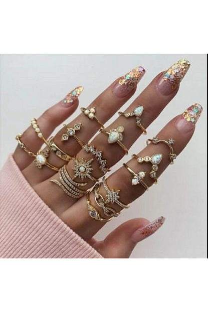 Pinkimaj Eklem Yuzuk Seti Gold Renk 17 Adet Yildizli Yeni Model Trendyol