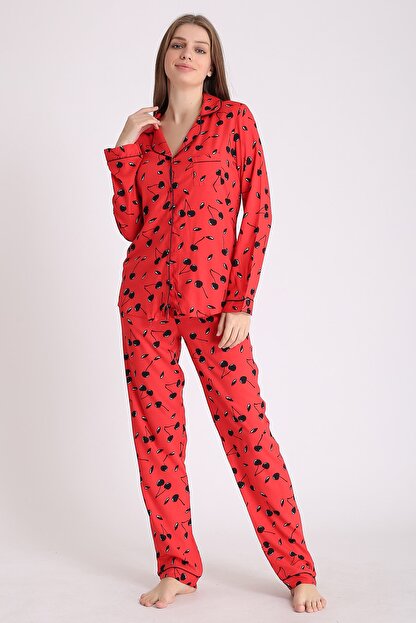 Besimma Kadin Kirmizi Kiraz Desenli Uzun Kollu Pijama Takimi Fiyati Yorumlari Trendyol