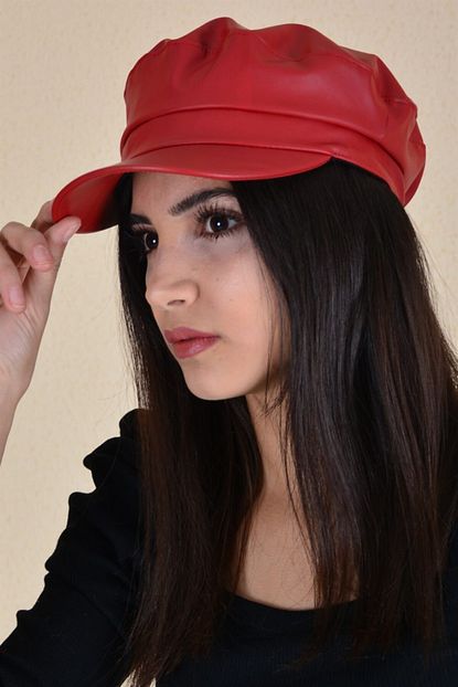 Butikburuc Kadin Kirmizi Deri Kasket Sapka Trendyol