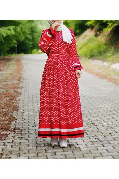 Instyle Kadin Kirmizi Belden Lastikli Puantiyeli Elbise Trendyol