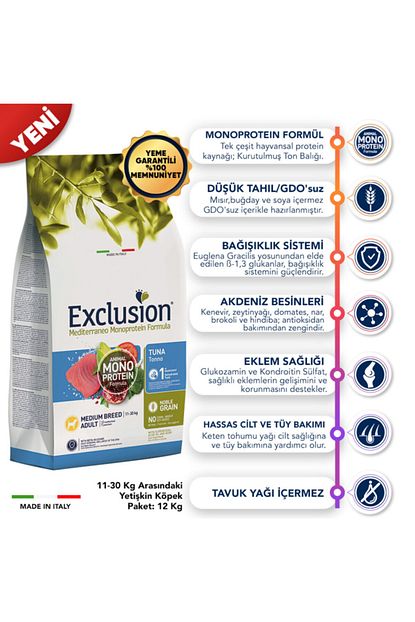 Exclusion Monoprotein Dusuk Tahilli Ton Balikli Ve Narli Orta Irk Yetiskin Kopek Mamasi 12 Kg Trendyol