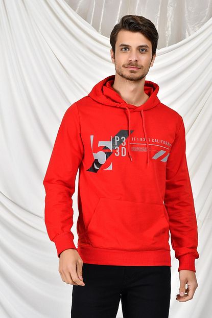 Tena Moda Erkek Kirmizi Kapusonlu Kanguru Cepli Baskili Sweatshirt Trendyol