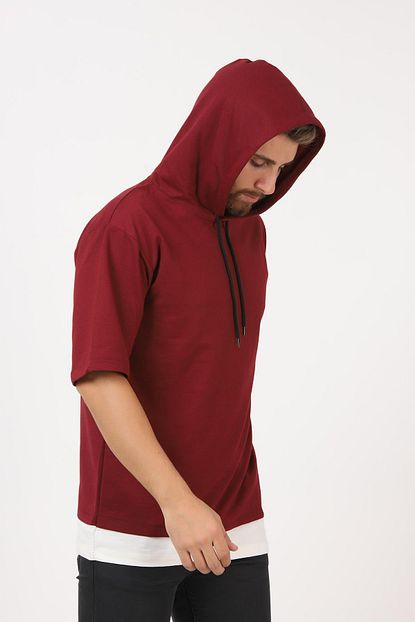 Tena Moda Erkek Bordo Kisa Kollu Kapsonlu Dirsek Kol Oversize Tisort Trendyol