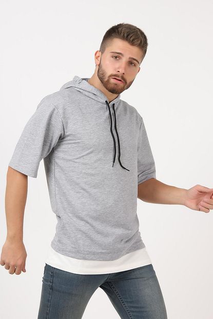 Tena Moda Erkek Gri Kisa Kollu Kapsonlu Dirsek Kol Oversize Tisort Trendyol