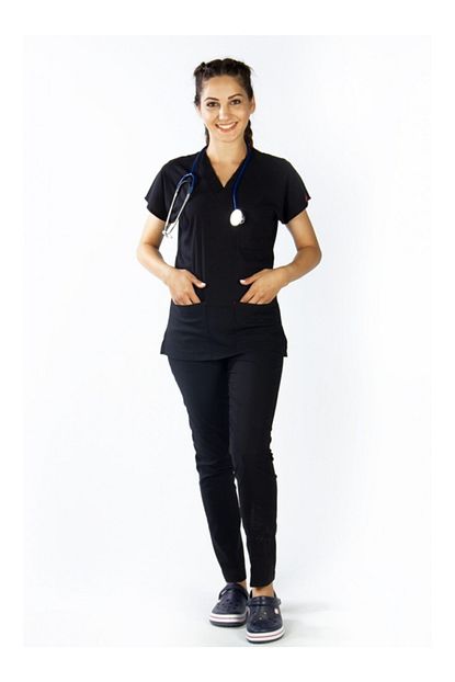 Ufuk Tip Medikal Giyim Doktor Hemsire Siyah Likrali Alt Ust Forma Nobet Takimi Trendyol