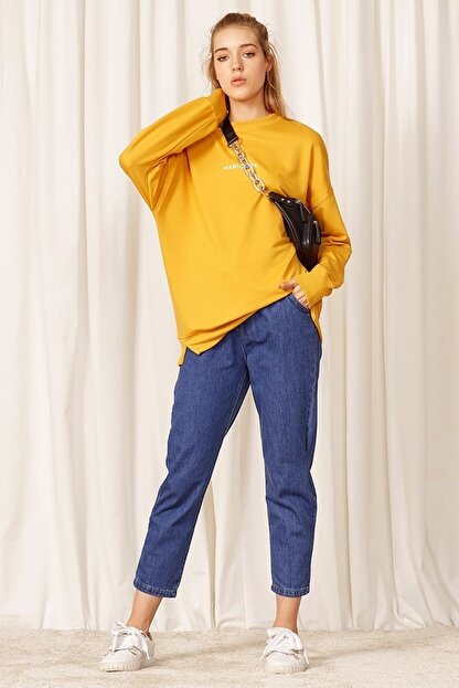 Mariquita Kadin Hardal Baskili Oversize Yarasa Kol Sweatshirt Trendyol