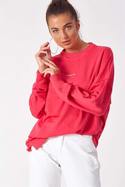 Mariquita Kadin Pembe Mari Baskili Fusya Oversize Yarasa Kol Sweatshirt Trendyol