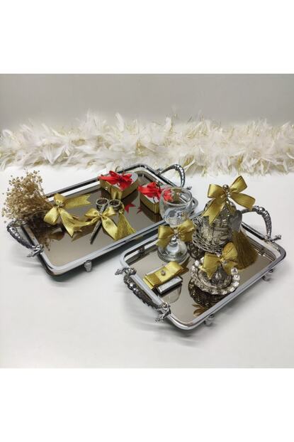 Organizasyon Sahika Nisan Soz Tepsisi Takimi Kare Sik Gumus Tepsi Gold Susleme Trendyol