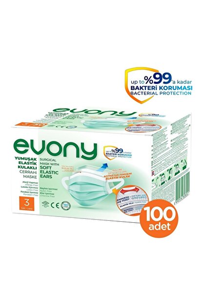 Evony 3 Katli Filtreli Burun Telli Cerrahi Maske 100 Lu Set Yumusak Elastik Kulakli Trendyol