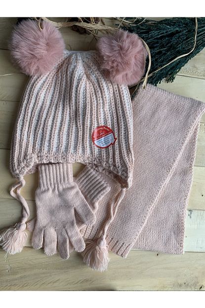 Marsel Butik Kiz Cocuk Ponpon Orgu Serit Detayli Pudra Renkli Atki Eldiven Simli Bere Seti Trendyol