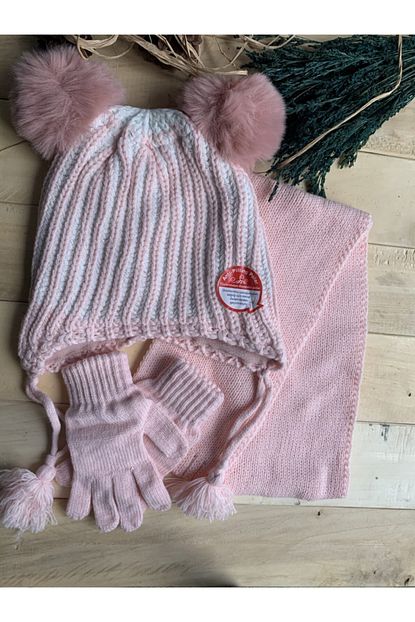 Marsel Butik Kiz Cocuk Ponpon Orgu Serit Detayli Pembe Renkli Atki Eldiven Simli Bere Seti Trendyol
