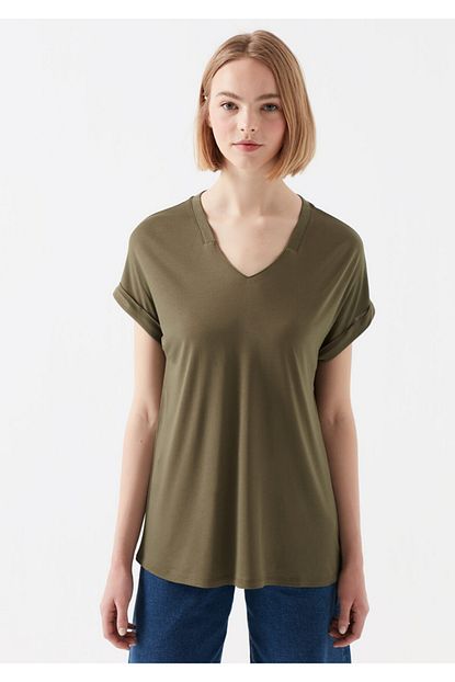Mavi Kadin V Yaka Yesil Basic T Shirt Trendyol