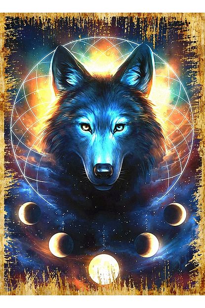 ahsap tablo kurt ve ay dreamcatcher illustrasyon