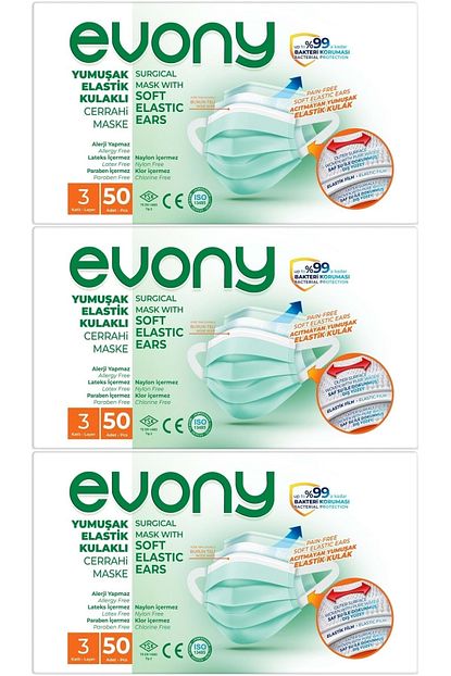 Evony 3 Katli Filtreli Burun Telli Cerrahi Maske 150 Li Set Yumusak Elastik Kulakli Fiyati Yorumlari Trendyol