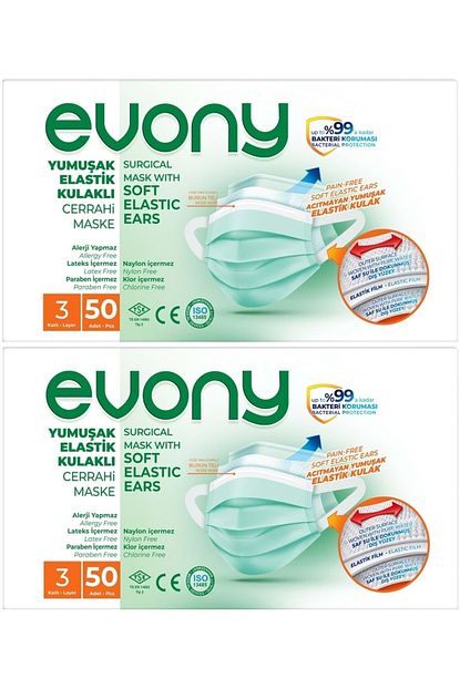 Evony 3 Katli Filtreli Burun Telli Cerrahi Maske 100 Lu Set Yumusak Elastik Kulakli Fiyati Yorumlari Trendyol