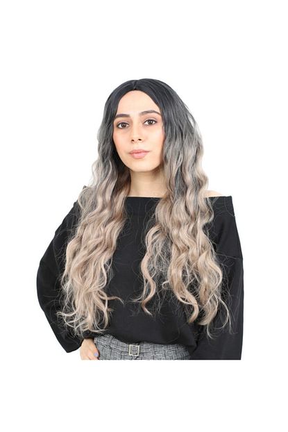 siyah kullu platin ombreli fiber sentetik uzun su dalgasi peruk