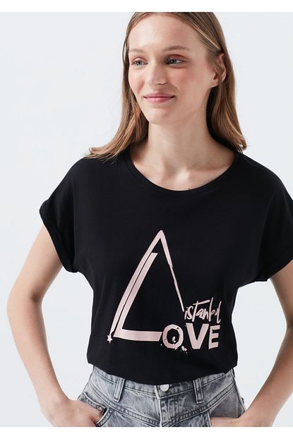 Mavi Love Baskili Siyah Istanbul Tisort Trendyol