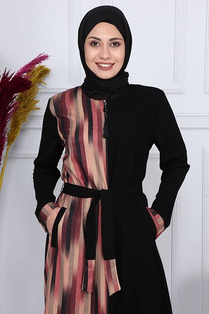 moda cizgi buyuk beden lazer yari baskili ferace 0110 siyah acik ebruli fiyati yorumlari trendyol