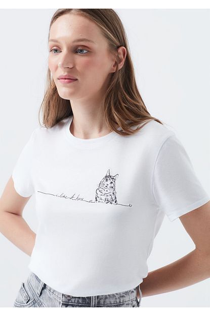 Mavi Kedi Baskili Beyaz Tisort Trendyol