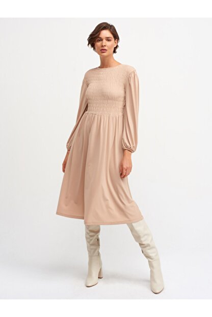 dilvin kadin bej onu gipeli uzun kol elbise fiyati yorumlari trendyol