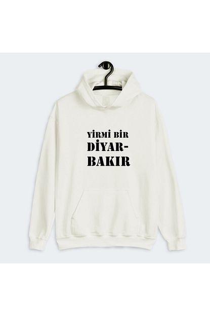 unisex beyaz yirmi bir diyarbakir baskili sehir plakali kapsonlu sweatshirt