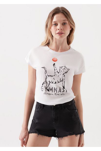 Mavi Kadin Kedi Baskili Beyaz T Shirt Trendyol
