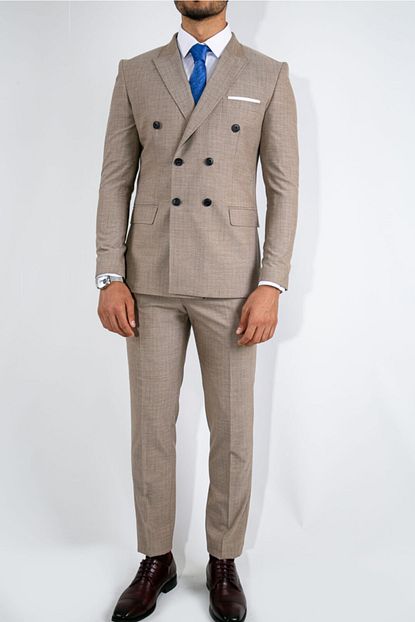 Suitmen Erkek Koyu Bej Genis Cizgili Slim Fit Kruvaze Takim Elbise Trendyol