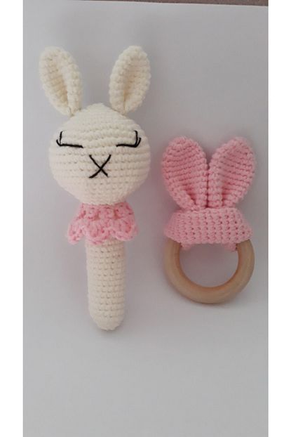 el orgusu amigurumi tavsan dis kasiyici dislik ve cingirak 2 li set pembe