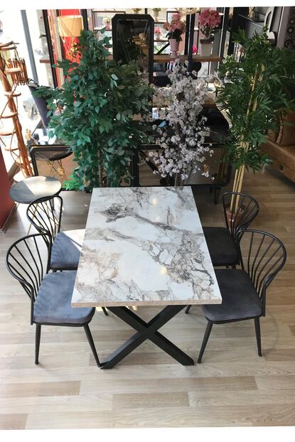 Te Home X Ayak Beyaz Mermer Masa 4 Omega Sandalye Gri Trendyol